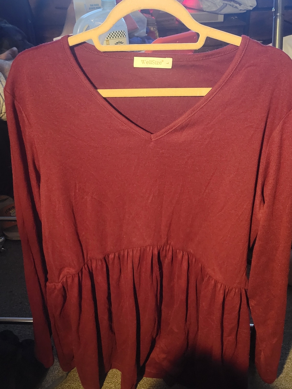 Women's V-Neck Long Sleeve Peplum Top - Burgundy